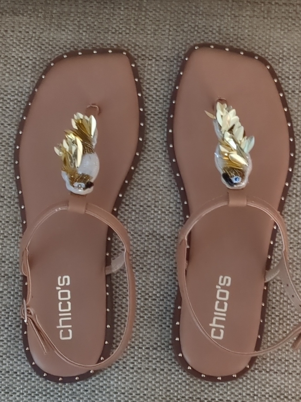 Chico's Brown Toe-Post Sandals with Gold Leaf Embellishment